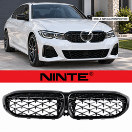 NINTE Front Kidney Diamond Grille Fit for BMW G20 330i M340i 2019-2022 Gloss Black ABS Plastic Direct Replacement - NINTE
