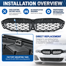 NINTE Front Kidney Diamond Grille Fit for BMW G20 330i M340i 2019-2022 Gloss Black ABS Plastic Direct Replacement