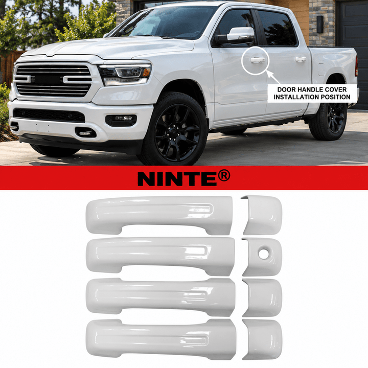 NINTE Exterior Door Handle Cover Kit Fit for Dodge RAM 1500 2019-2025 White Painted ABS 4-Piece with 1 Keyhole, No Smart Keyhole - NINTE