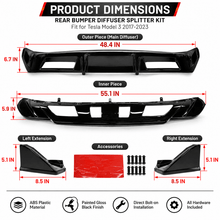 NINTE Rear Bumper Diffuser Splitter Kit Fit for Tesla Model 3 2017-2023 Painted Gloss Black ABS Plastic GT V2 Shark Fin Sport Style Without Logo