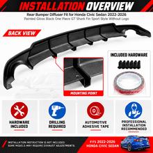 NINTE Rear Bumper Diffuser Fit for Honda Civic Sedan 2022-2026 Painted Gloss Black One Piece GT Shark Fin Sport Style Without Logo