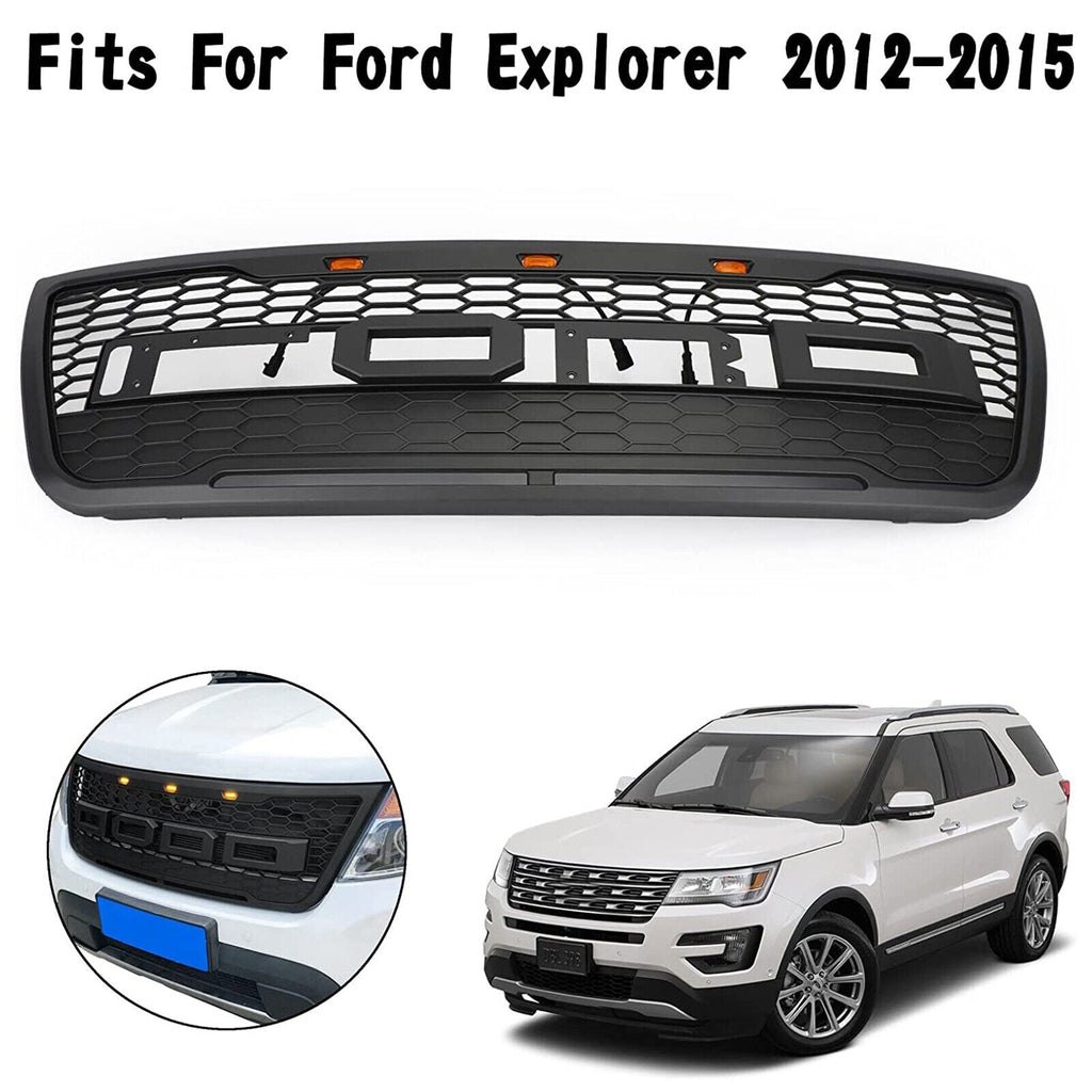 NINTE For 2012-2015 Ford Explorer Grille Replacement Mesh Raptor Style with Lights DRL Amber