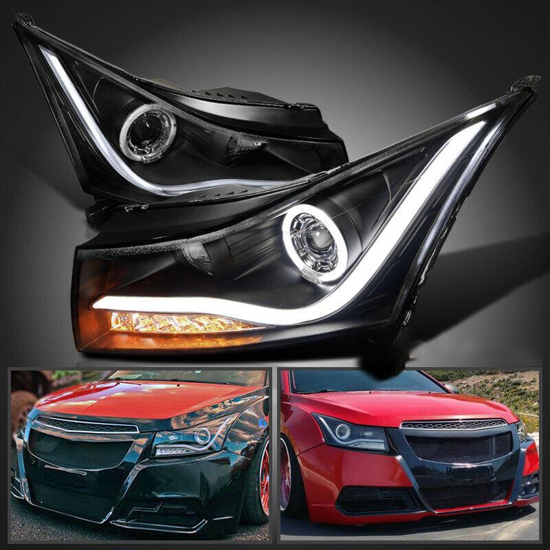 NINTE For 2011-2014 Chevy Cruze Halo+LED Strip Black Projector Headlights Left+Right