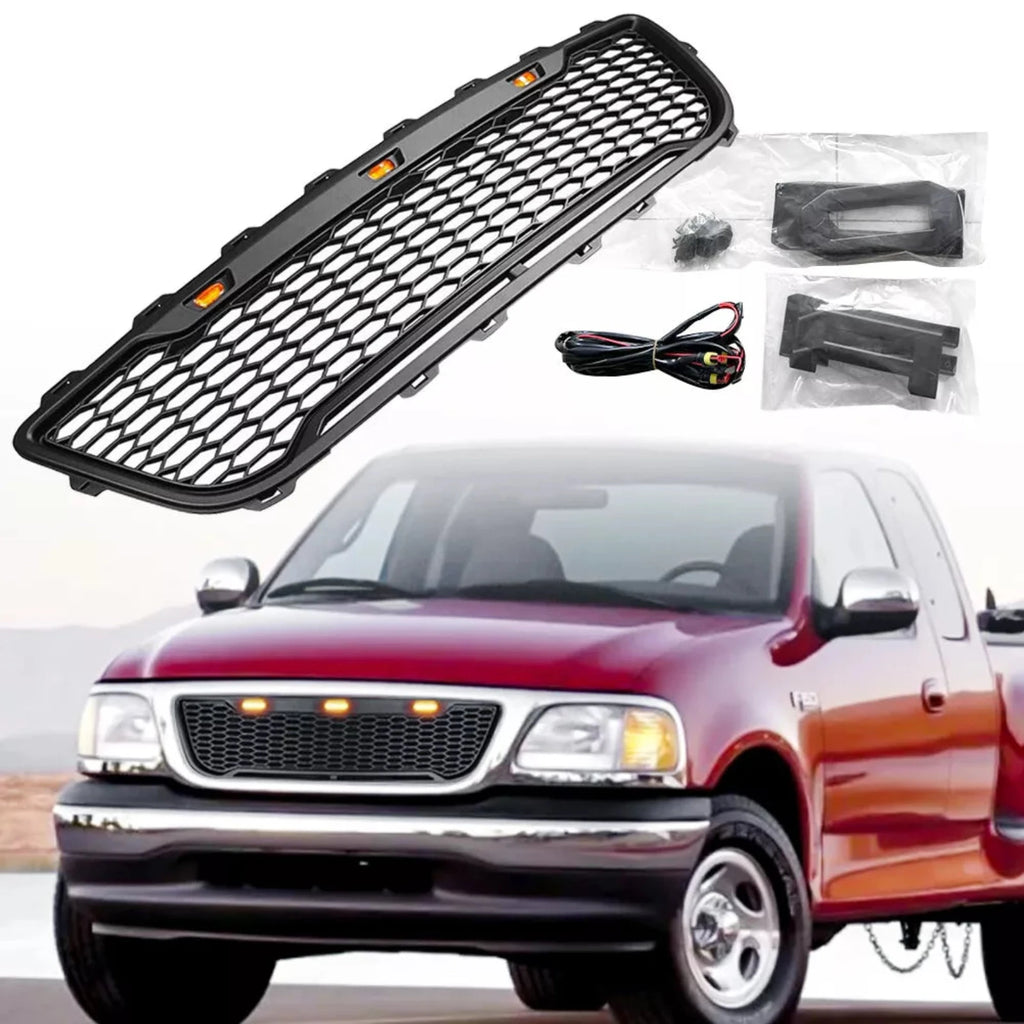 NINTE For 1999-2003 Ford F150 F-150 Front Grille Honeycomb Bumper Grill W/Lights & ACCES