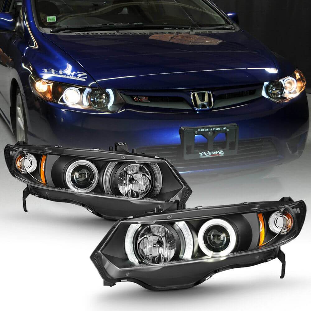 NINTE For Blk 2006-2011 Honda Civic 2Dr Coupe LED Halo Projector Headlights Headlamps