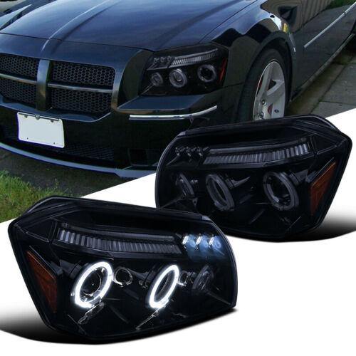 Glossy Black For 05-07 Dodge Magnum Smoke LED Halo Projector Headlights Pair - NINTE