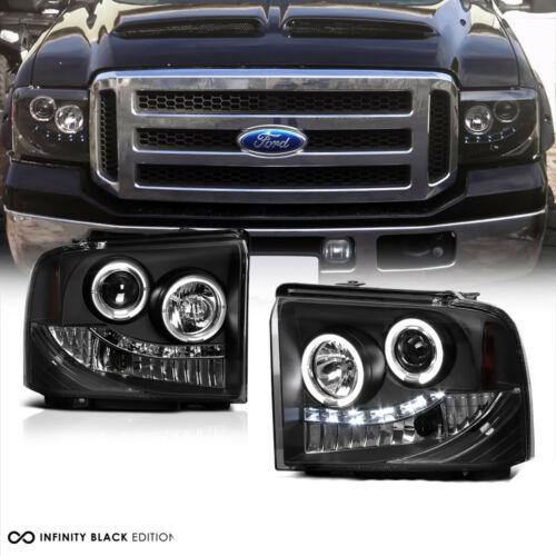 For 05-07 Ford Super Duty Black Clear Dual LED Halo Ring Projector Headlight Lamp - NINTE