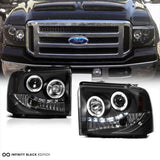 NINTE Headlight For 05-07 Ford Super Duty Dual LED Halo Ring Projector Head Lamps