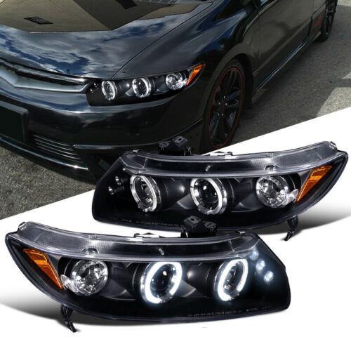 Fit Honda 06-11 Civic 2Dr Black LED Halo Projector Headlights Head Lamps Pair - NINTE