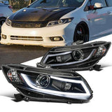 Fit 12-15 Honda Civic 2/4Dr Black Projector Headlights Head Lamps+LED DRL Bar