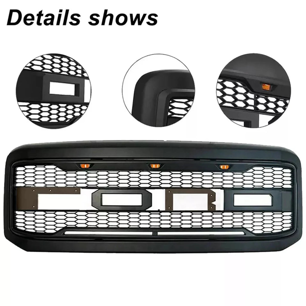 NINTE For 2005-2007 Ford F250 F350 Front Grille Super Duty Raptor Black Grill W/Lights