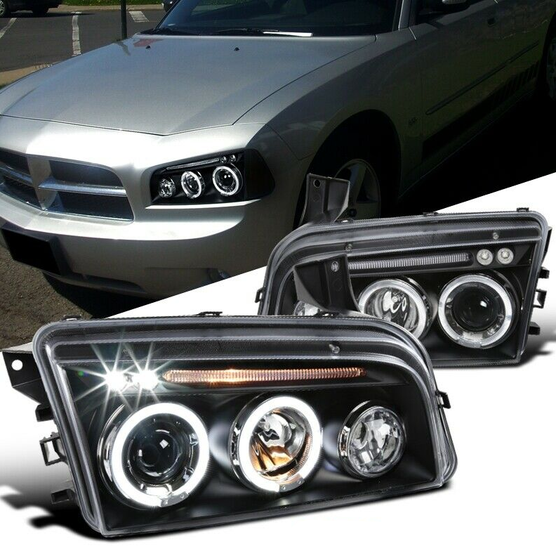 For Dodge 06-10 Charger Black LED/Dual Halo Projector Headlights Head Lamps Pair - NINTE