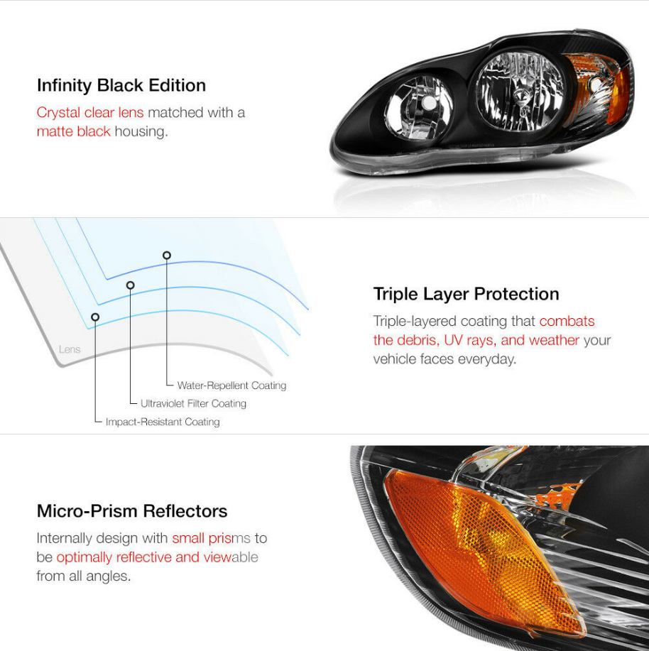 For 2003-2008 Corolla JDM Black Crystal Clear Headlight Lamp - NINTE